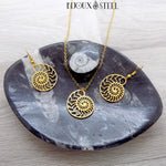 Parure collier et boucles d'oreilles pendantes ammonites dorées en acier inoxydable