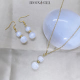 Parure boucles d'oreilles pendantes et collier à pendentif dorés doubles perles de sélénite en pierre naturelle et acier inoxydable