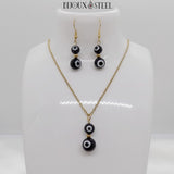 Parure mauvais oeil noir et blanc en acrylique et acier inoxydable