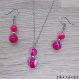 Parure deux perles en pierre d'agate magenta teintée et acier inoxydable argenté