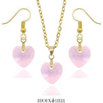 Parure dorée boucles d'oreilles pendantes et collier cœurs roses en verre et acier inoxydable