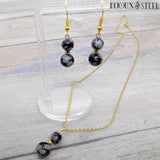 Parure dorée boucles d'oreilles pendantes et collier à pendentif en obsidienne flocon de neige