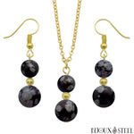 Parure dorée boucles d'oreilles et collier en obsidienne neige