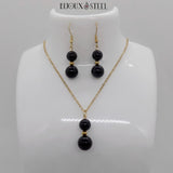 Parure argentée boucles d'oreilles et collier deux perles d'obsidienne noire en pierre naturelle et acer inoxydable