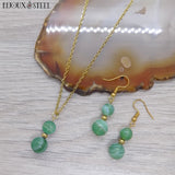 Parure collier et boucles d'oreilles dorés en perles d'agate verte et acier inoxydable