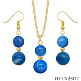 Parure dorée doubles perles d'agate bleue en pierre naturelle teintée et acier inoxydable