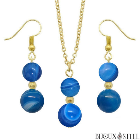 Parure dorée doubles perles d'agate bleue en pierre naturelle teintée et acier inoxydable