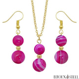 Parure dorée doubles perles d'agate magenta en pierre naturelle teintée et acier inoxydable