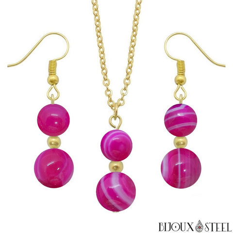 Parure dorée doubles perles d'agate magenta en pierre naturelle teintée et acier inoxydable