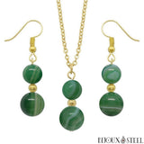 Parure dorée doubles perles d'agate verte en pierre naturelle teintée et acier inoxydable
