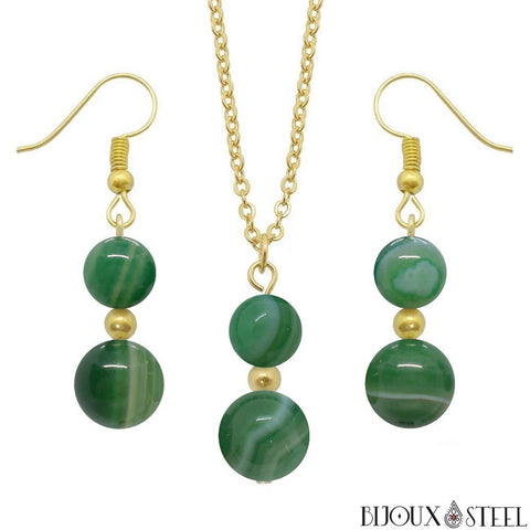 Parure dorée doubles perles d'agate verte en pierre naturelle teintée et acier inoxydable