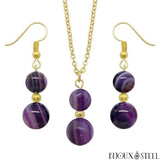 Parure dorée doubles perles d'agate violette en pierre naturelle teintée et acier inoxydable