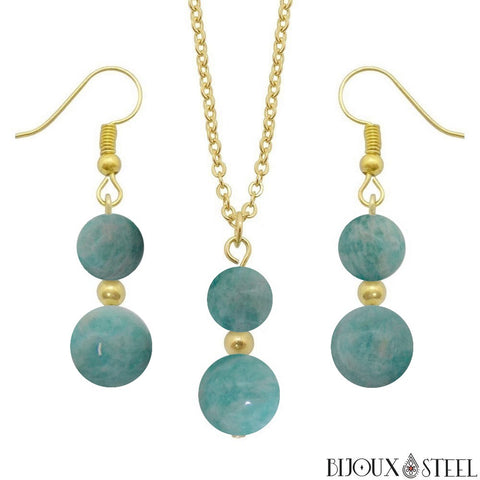 Parure dorée doubles perles d'amazonite en pierre naturelle et acier inoxydable