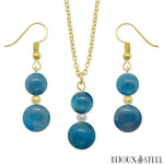 Parure dorée doubles perles d'apatite bleue en pierre naturelle