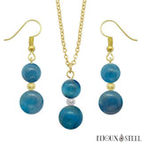 Parure dorée doubles perles d'apatite bleue en pierre naturelle