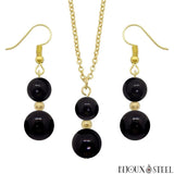 Parure dorée doubles perles d'obsidienne noire en pierre naturelle et acier inoxydable