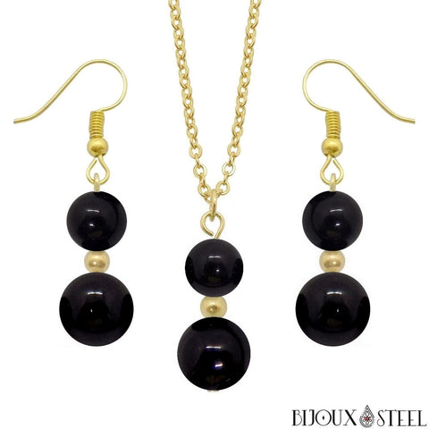 Parure dorée doubles perles d'obsidienne noire en pierre naturelle et acier inoxydable