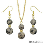 Parure dorée doubles perles de jaspe dalmatien en pierre naturelle