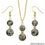 Parure dorée doubles perles de jaspe dalmatien en pierre naturelle
