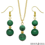 Parure dorée doubles perles de malachite en pierre naturelle