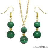 Parure dorée doubles perles de malachite en pierre naturelle