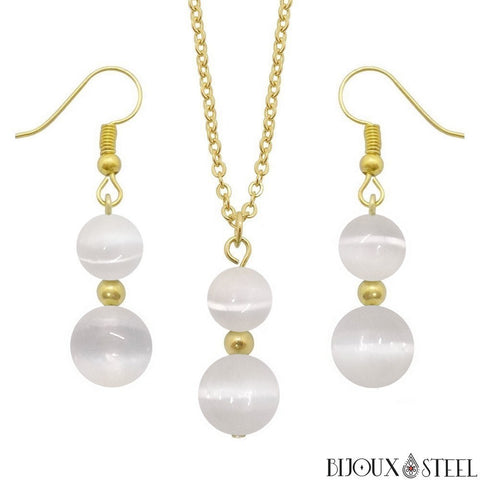 Parure dorée doubles perles de sélénite en pierre naturelle