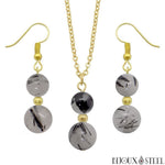 Parure dorée doubles perles en quartz tourmaline pierre naturelle