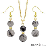 Parure dorée doubles perles en quartz tourmaline pierre naturelle