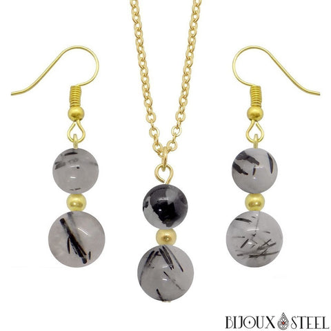 Parure dorée doubles perles en quartz tourmaline pierre naturelle