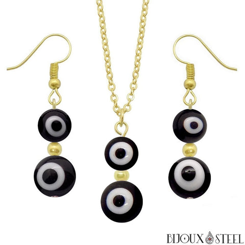 Parure mauvais oeil noir et blanc en acrylique et acier inoxydable