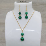Parure dorée perles en malachite pierre naturelle et acier inoxydable
