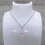 Pendentif argenté double perle de quartz rose en acier inoxydable et pierre naturelle