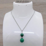 Pendentif argenté double perles en pierre de malachite et acier inoxydable 