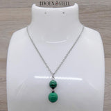 Pendentif argenté double perles en pierre de malachite et acier inoxydable 