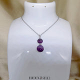 Pendentif deux perles en pierre d'agate violette sur chaîne argentée en acier inoxydable