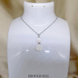 Pendentif double perle de sélénite en pierre naturelle et acier inoxydable argenté
