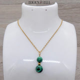 Pendentif doré double perles en pierre de malachite et acier inoxydable 