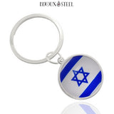 Porte-clés anneau argenté drapeau d'Israël sous cabochon en résine