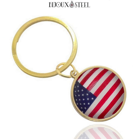 Porte-clés anneau doré drapeau des États-Unis sous cabochon en résine
