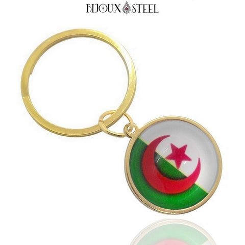 Porte-clés anneau doré drapeau de l'Algérie sous cabochon en résine