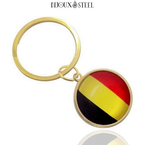 Porte-clés anneau doré drapeau de la Belgique sous cabochon en résine