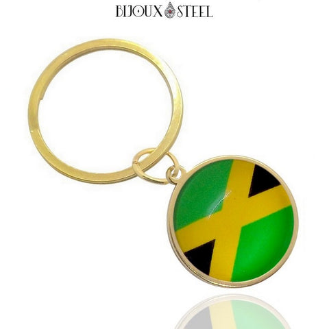 Porte-clés anneau doré drapeau de la Jamaïque sous cabochon en résine