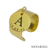 Bague ajustable dorée personnalisée à médaille gravée lettre et date en acier inoxydable