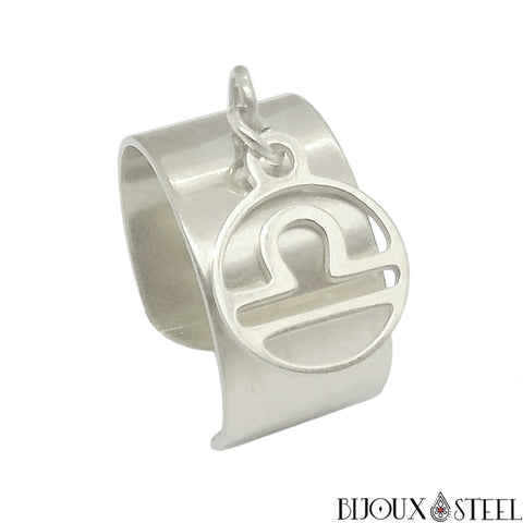 Bague anneau large ajustable argenté et son pendentif balance signe astrologique en acier chirurgical