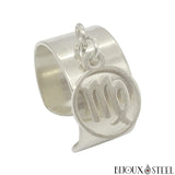 Bague anneau large ajustable argenté à pendentif vierge signe astrologique en acier chirurgical