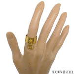 Bague anneau large doré pampille ajustable à signe du zodiaque des gémeaux en acier inoxydable