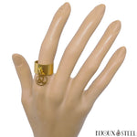 Bague anneau large doré pampille ajustable à signe du zodiaque lion en acier inoxydable