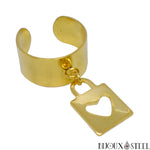 Bague anneau large pampille ajustable doré à cadenas coeur pendant en acier chirurgical