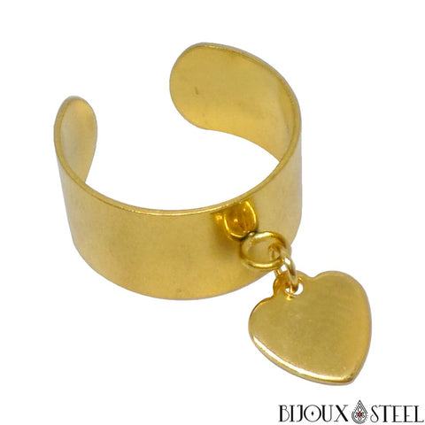 Bague anneau large pampille ajustable doré à coeur pendant en acier chirurgical