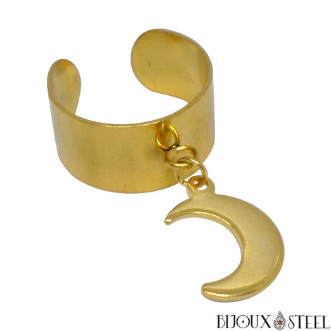 Bague anneau large pampille ajustable doré à croissant de Lune pendant en acier chirurgical